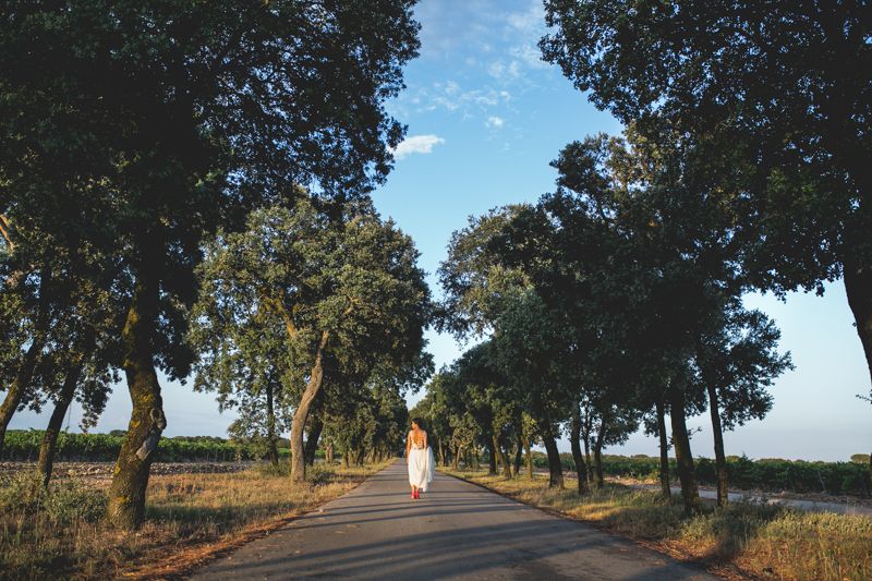 Plano general de la novia de espaldas en una carretera