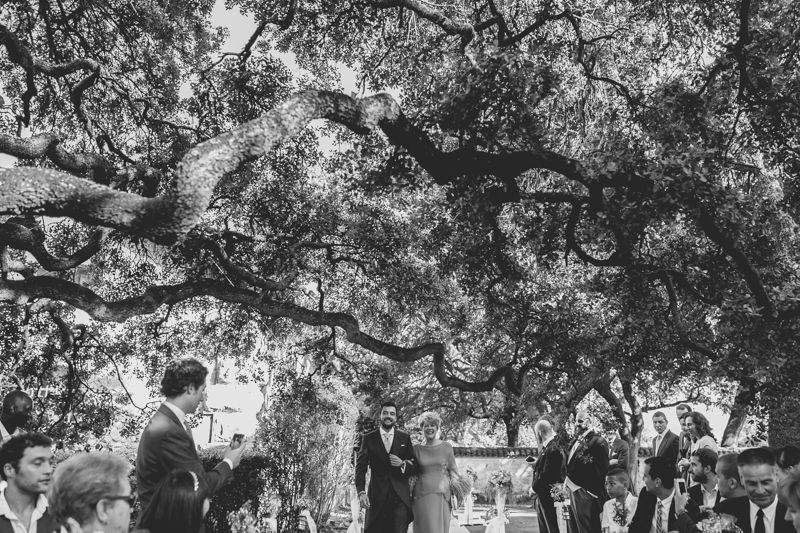 El novio y la madrina pasean al altar bajo las ramas de una encina